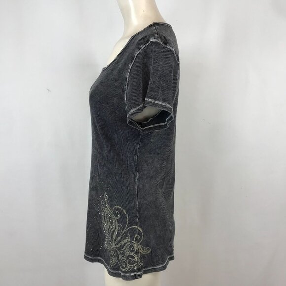 UNITY - WOMEN'S XL - GRAY RIBBED SHORT SLEEVE ROUND NECK SEQUIN TOP Y2K GOTH - Picture 4 of 7